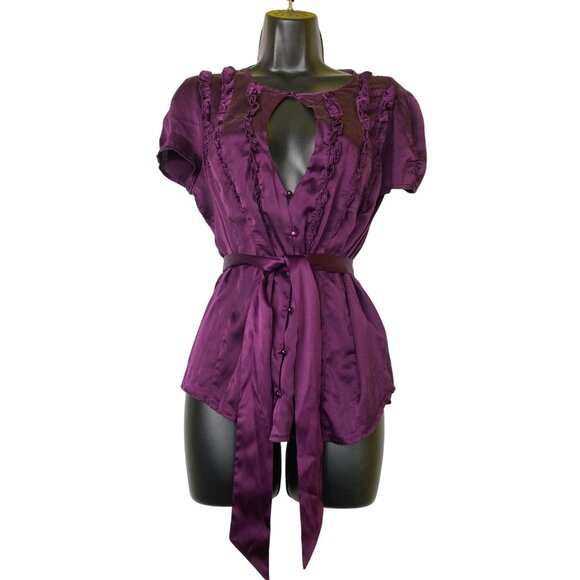 VTG Bebe Purple Silk Short-Sleeve Top Medium Pinup Sexy Retro Stretch Y2K Cute - Picture 1 of 6